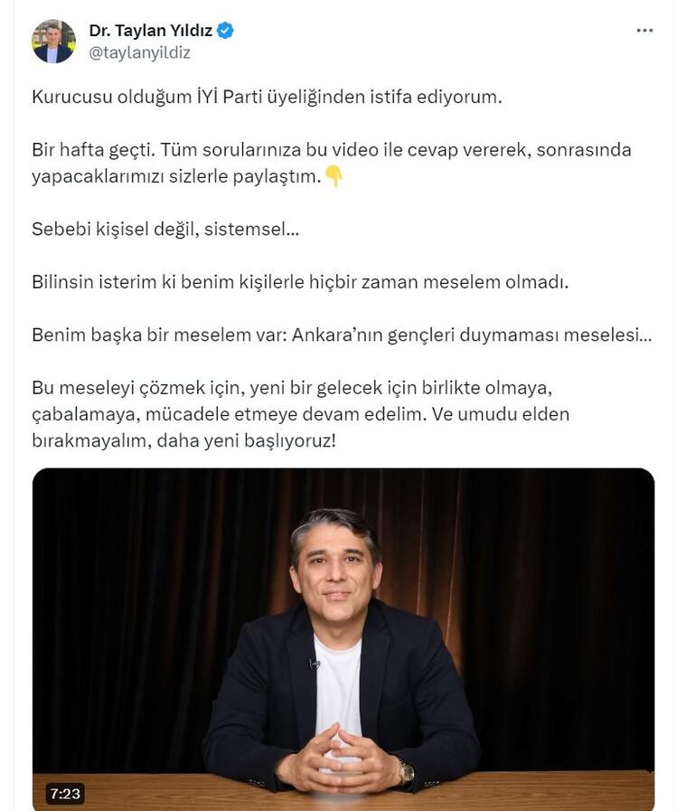 İYİ Parti’nin kurucularından Taylan Yıldız, istifa etti