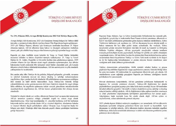 Dışişleri Bakanlığı’ndan AB’nin Türkiye raporuna sert tepki: AB’nin samimiyetsiz ve çifte standartları yaklaşımının tezahürü.